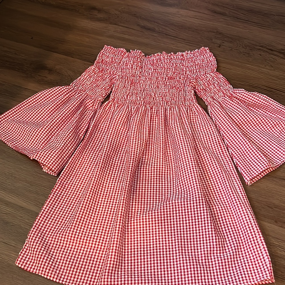 Max Studio Red and White Gingham Off-Shoulder Mini Dress